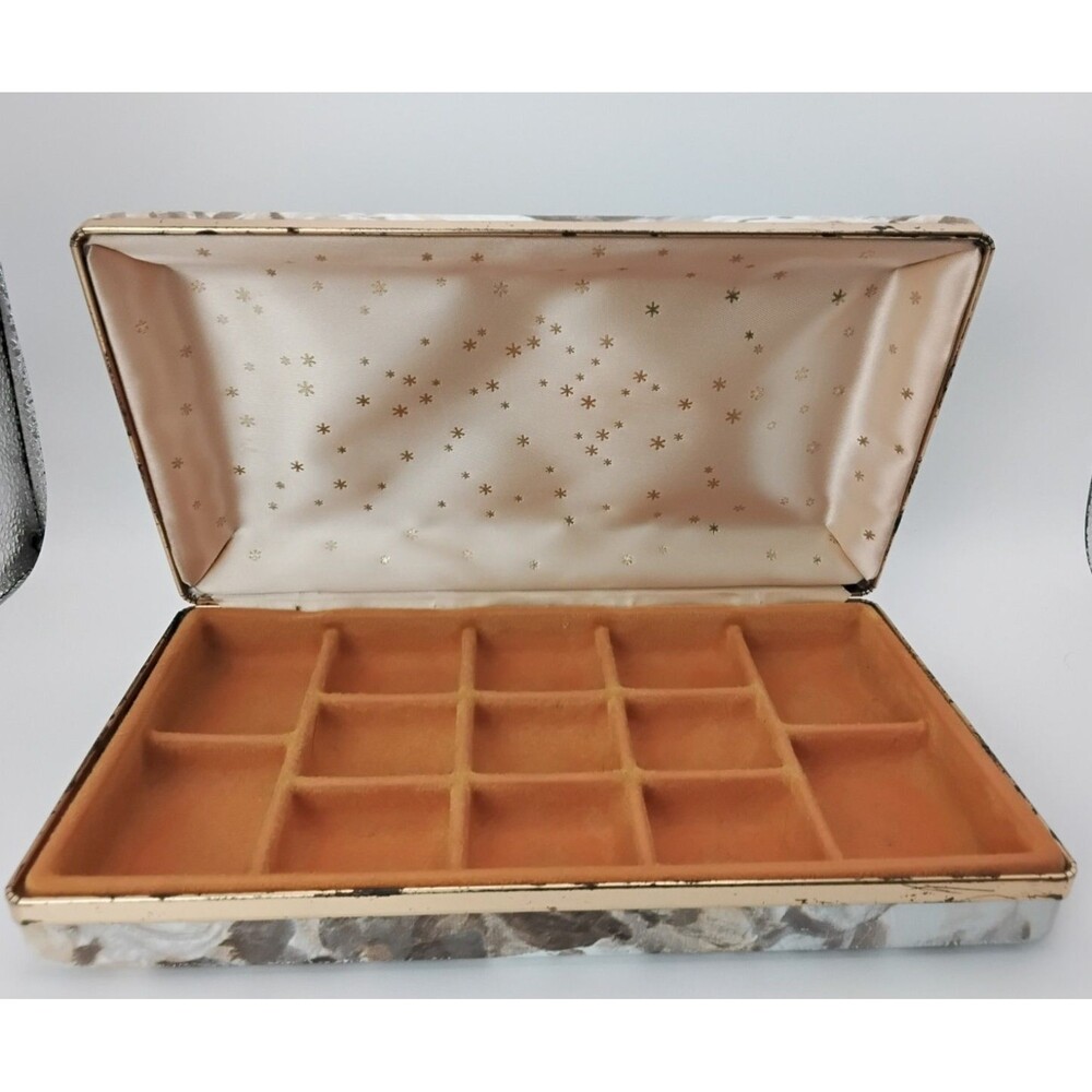 Vtg Mele Travel Jewelry Marble Hard Case Box Clamshell 13 Parts Gold Stars 21